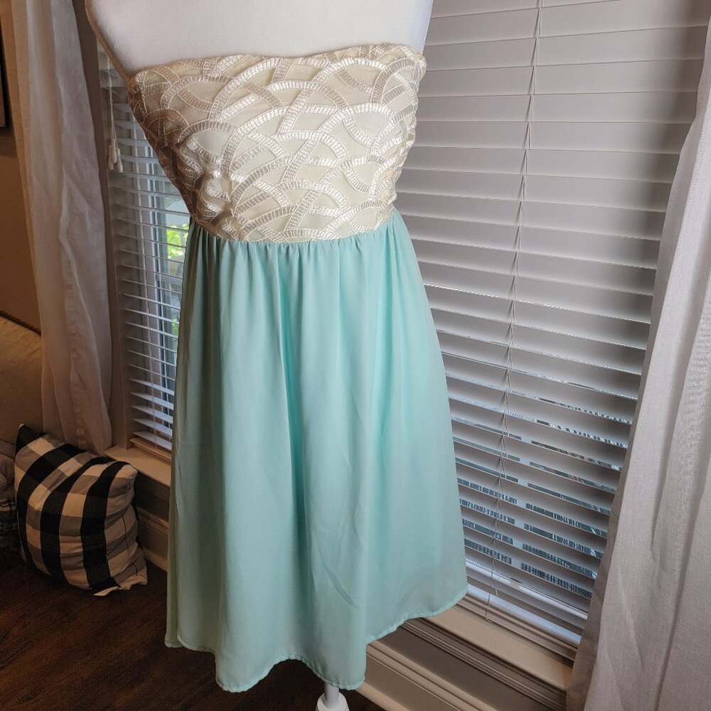 Y2K BEAUTIFUL Teal and Cream Strapless Summer Dress Lined Great Quality Sz M